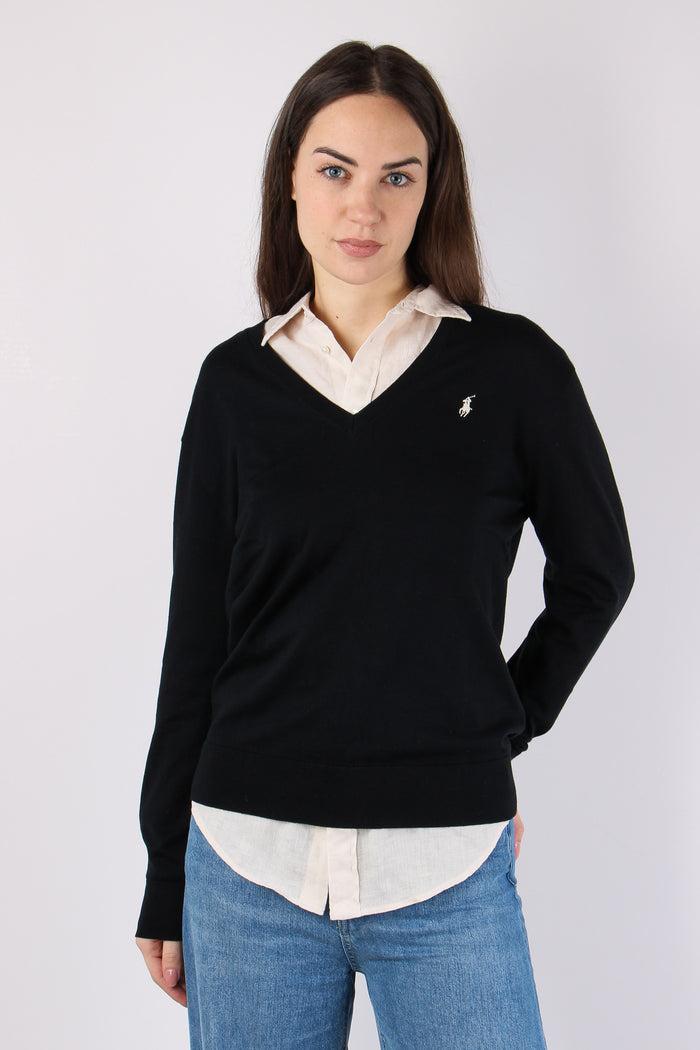 Pullover Cotone Scollo V Polo Black-2