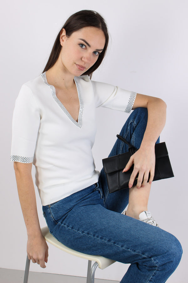 Maglia Scollo V Strass Bianco Lana-2