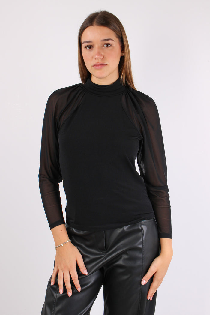 Top Bimateriale Manica Ampia Nero-8