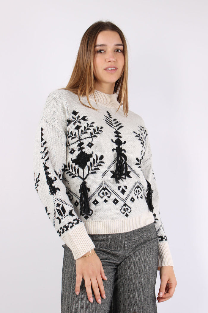 Maglia Collo Vulcano Jacquard Panna/nero-5