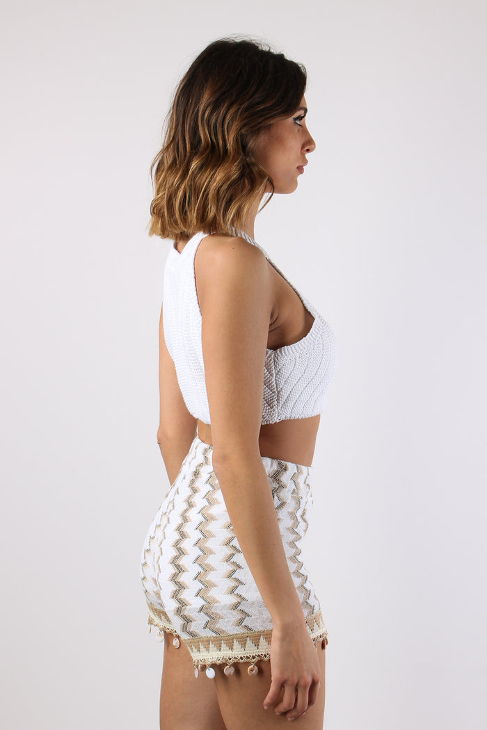 Top Corto Applicazione Fiori Ecru-6