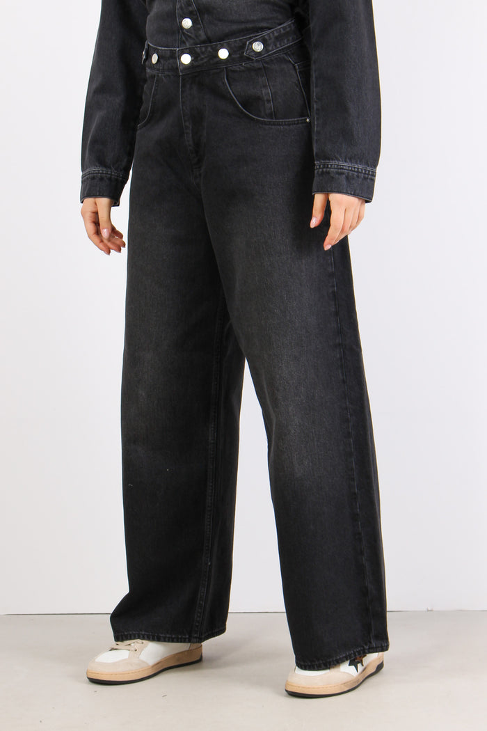 Denim Baggy Wide Bottoni Later Denim Scuro-5
