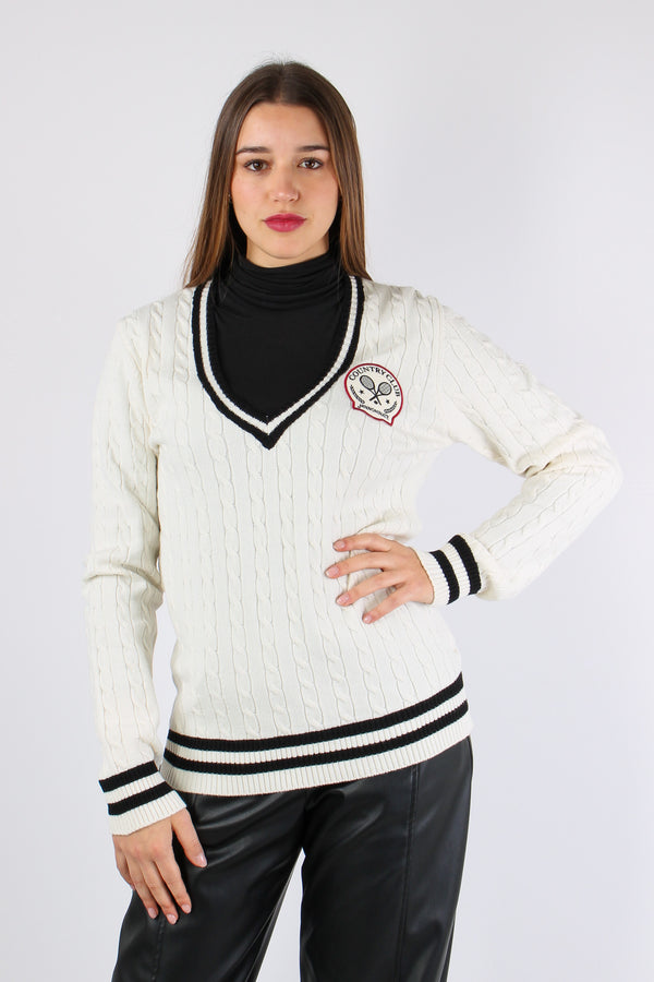 Maglia Treccia Scavo V Bianco Burro-2