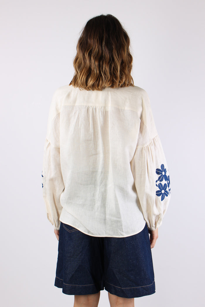 Destro Camicia Lino Ricami Ecru-4