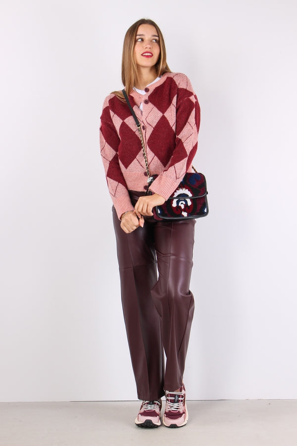 Cardigan Intarsi Rombi Rosa/bordeaux