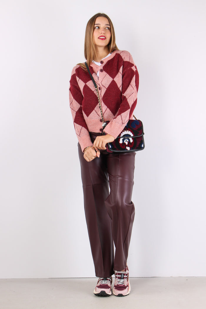 Cardigan Intarsi Rombi Rosa/bordeaux