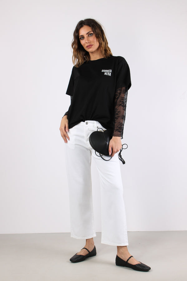 T-shirt Manica Pizzo Stampa Nero