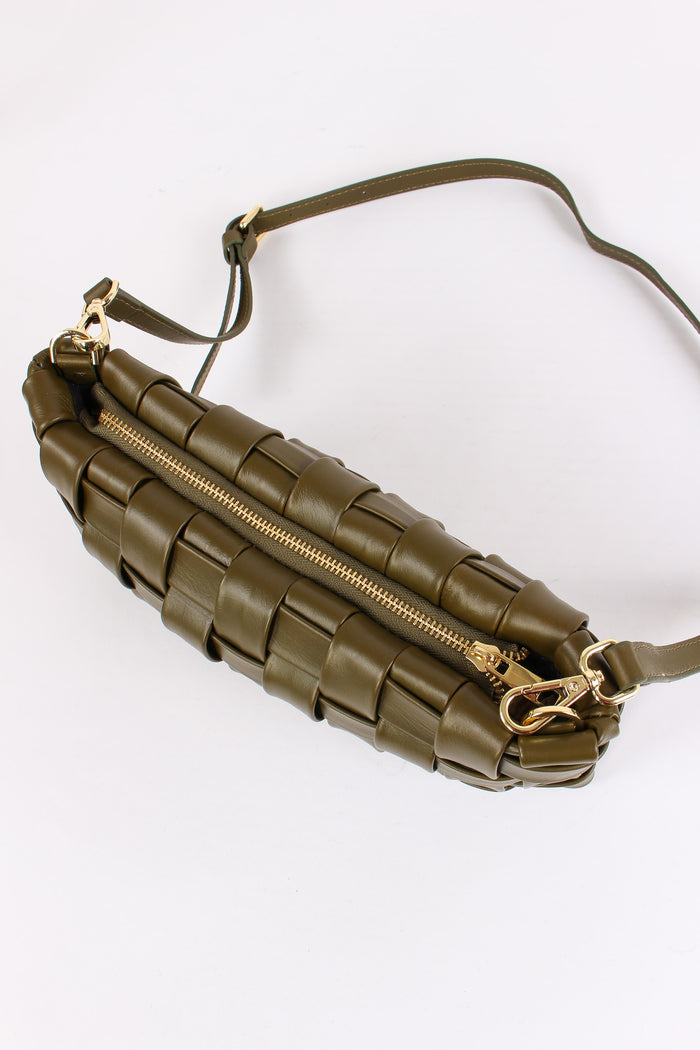 Pochette Intreccio Vera Pelle Verde Militare-4