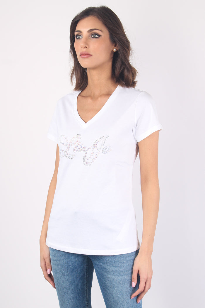 T-shirt Scollo V Logo Strass Bianco/liujo-4