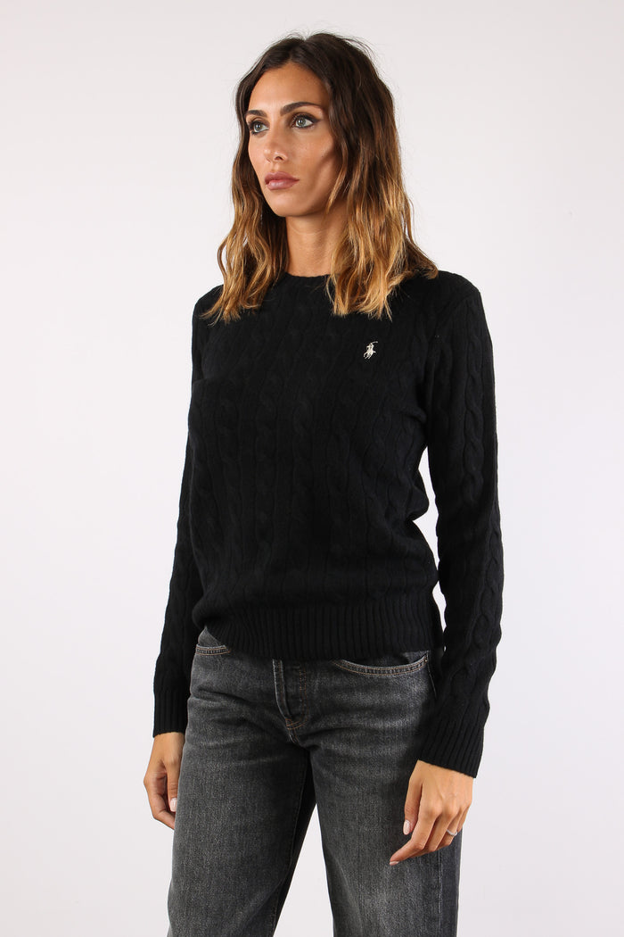 Maglia Girocollo Trecce Misto Lana Polo Black-6