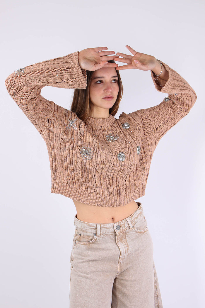 Pressione Maglia Traforata Strass Rosa Scirocco-4