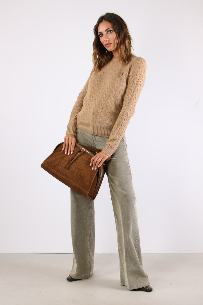 Maglia Girocollo Trecce Misto Lana Camel Melange-3