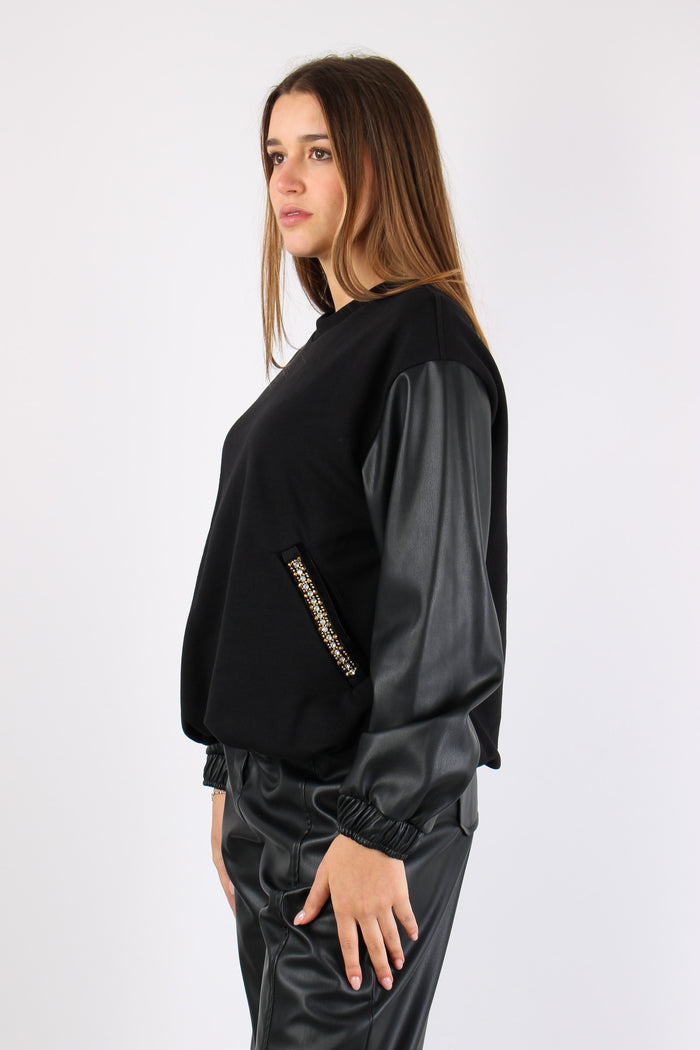 Felpa Inserto Ecopelle Strass Black-3