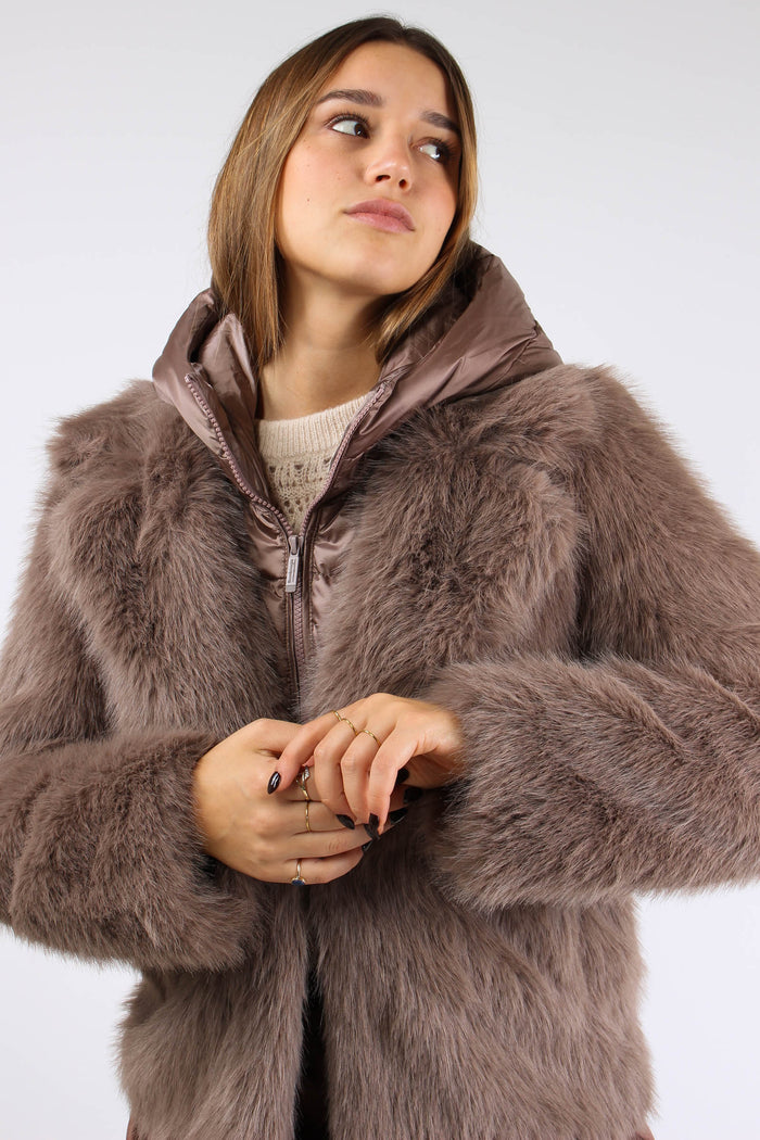 Giubbotto Pelliccia Cappuccio Taupe-3