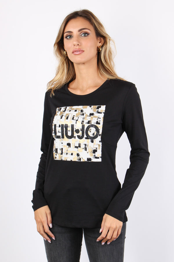 T-shirt Ml Logo Strass Nero/natural