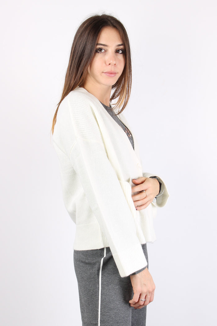 Cardigan Canettato Tasca Bianco Lana-4