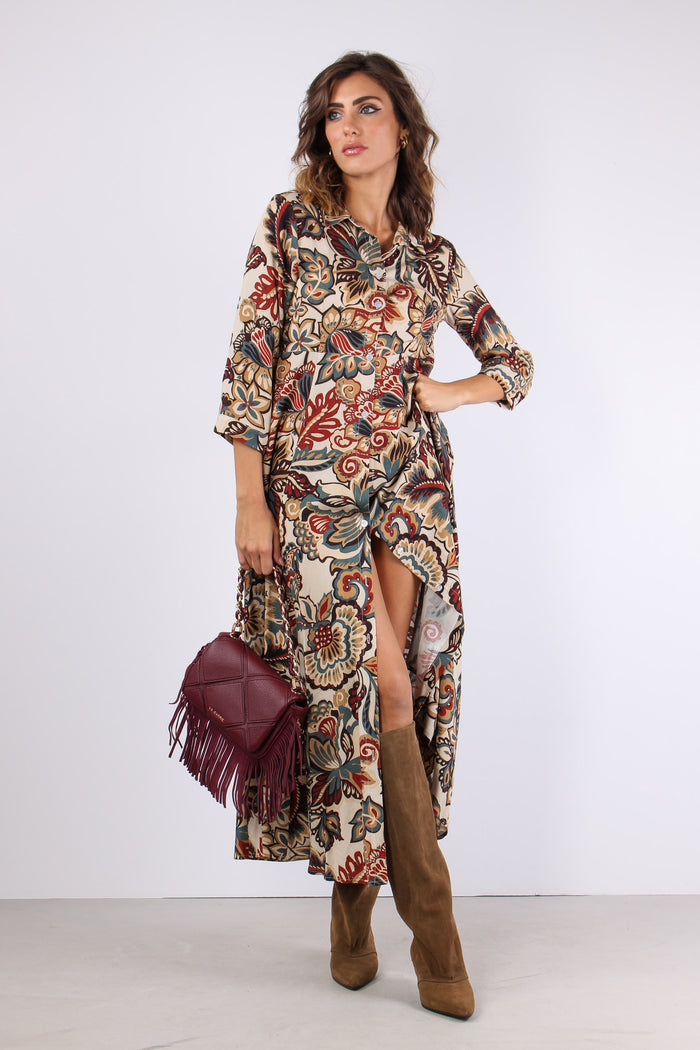 Abito Lungo Viscosa Fantasia Ottanio/bordeaux-7