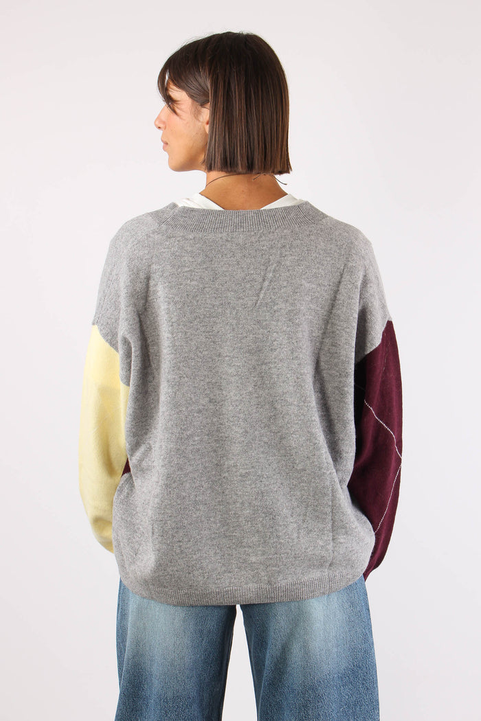 Cardigan 100% Lana Rombi Grigio/bordeaux/olio-4
