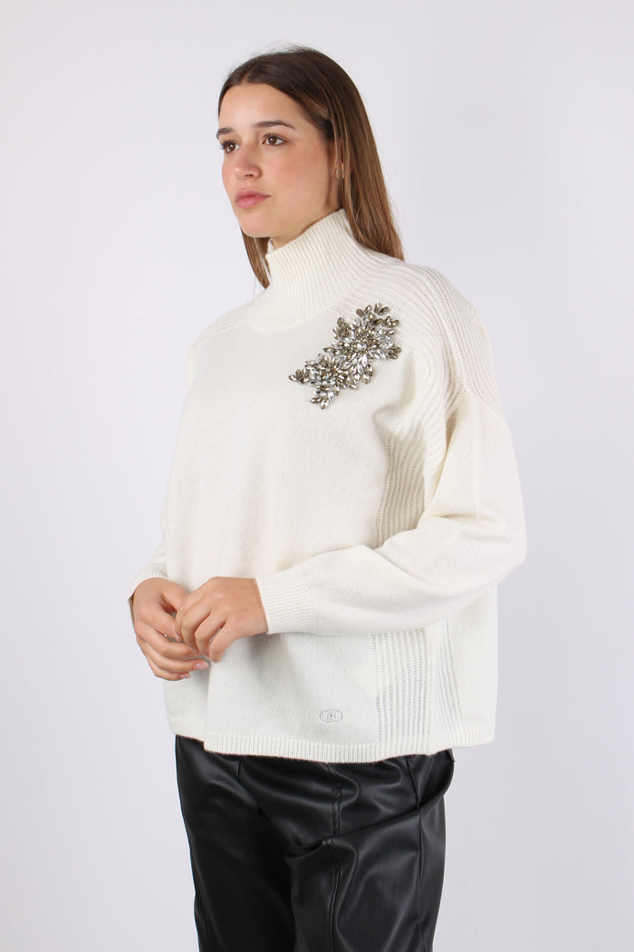 Maglia Collo Alto Applicazioni Bianco Lana-4