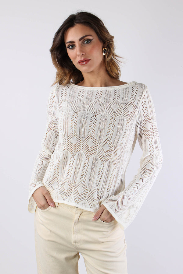 Maglia Macrame Manica Lunga Bianco Lana