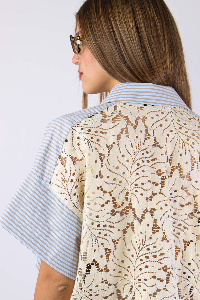 Camicia Over Bastonetto Pizzo Azzurro/beige-7