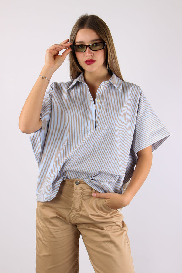 Camicia Over Bastonetto Pizzo Azzurro/beige-2
