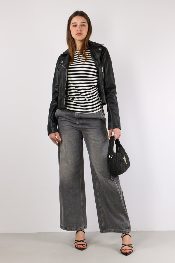 T-shirt Viscosa Riga Scavo Bar Nero/panna