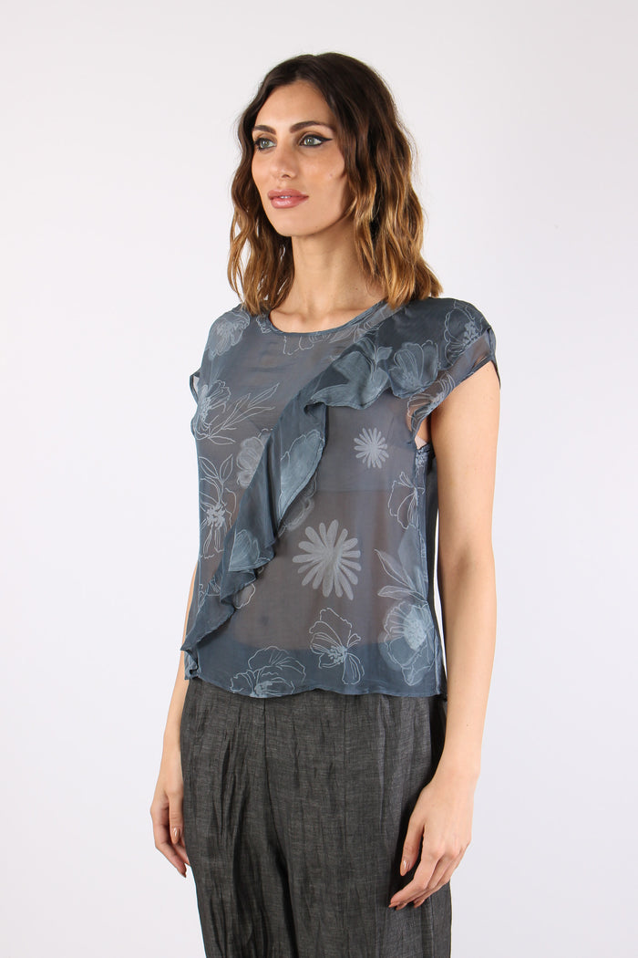 Blusa Rouches Stampa Fiori Blu/fiori-5