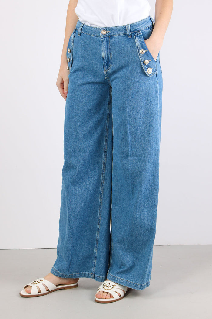 Jeans Flare Bottoni Strass Denim Chiaro-7