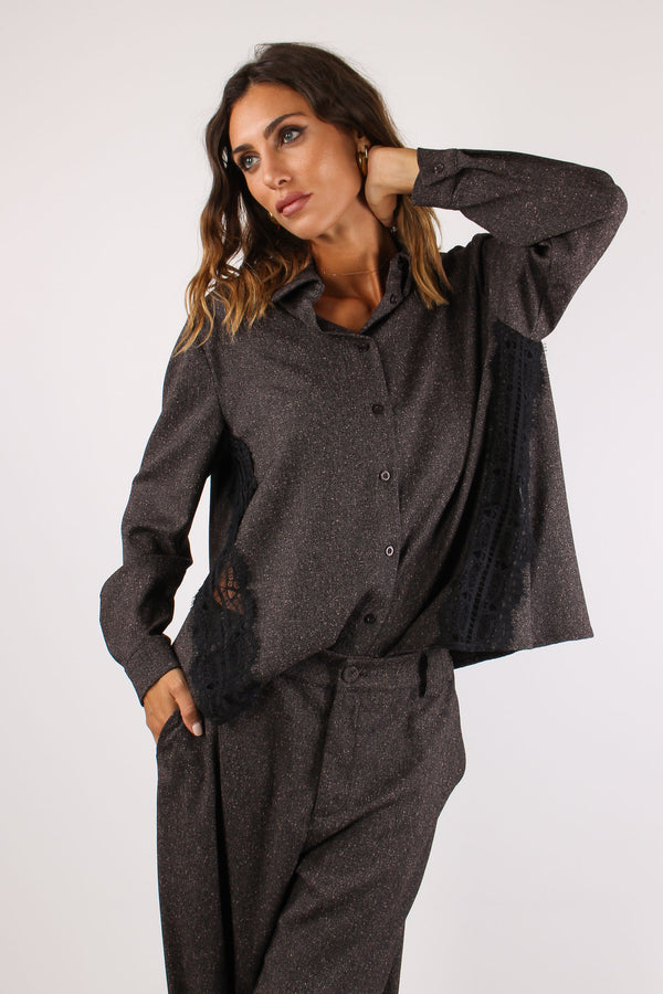 Camicia Puntinata Inserto Pizzo Nero/rosa