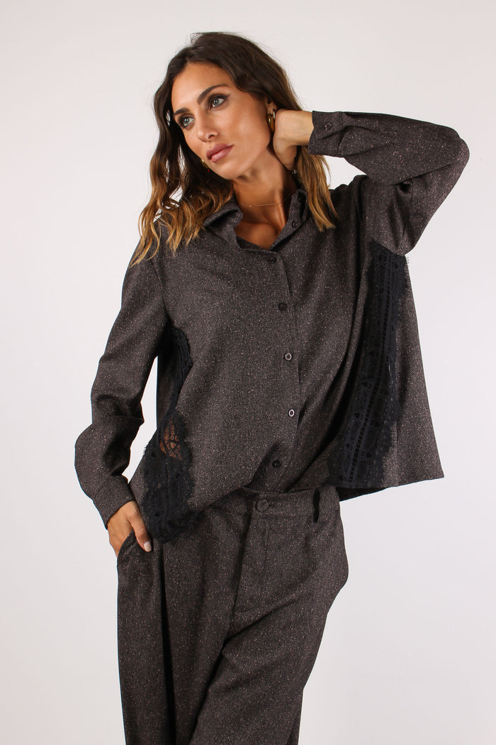 Camicia Puntinata Inserto Pizzo Nero/rosa