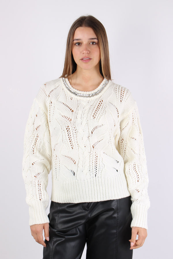 Maglia Slim Inserto Strass Bianco Lana-2