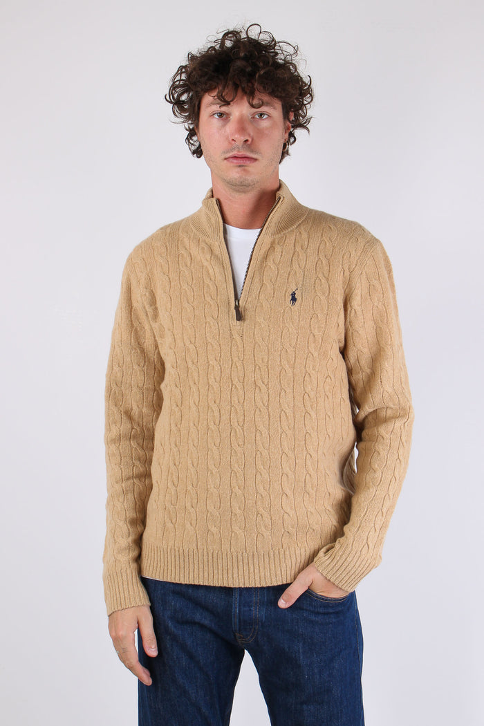 Maglia Mezza Zip Trecce Lana Camel Melange-2