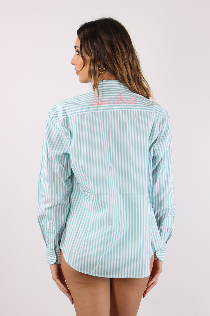 Camicia Slim Riga Ricamo Schiena Bianco/verde-6