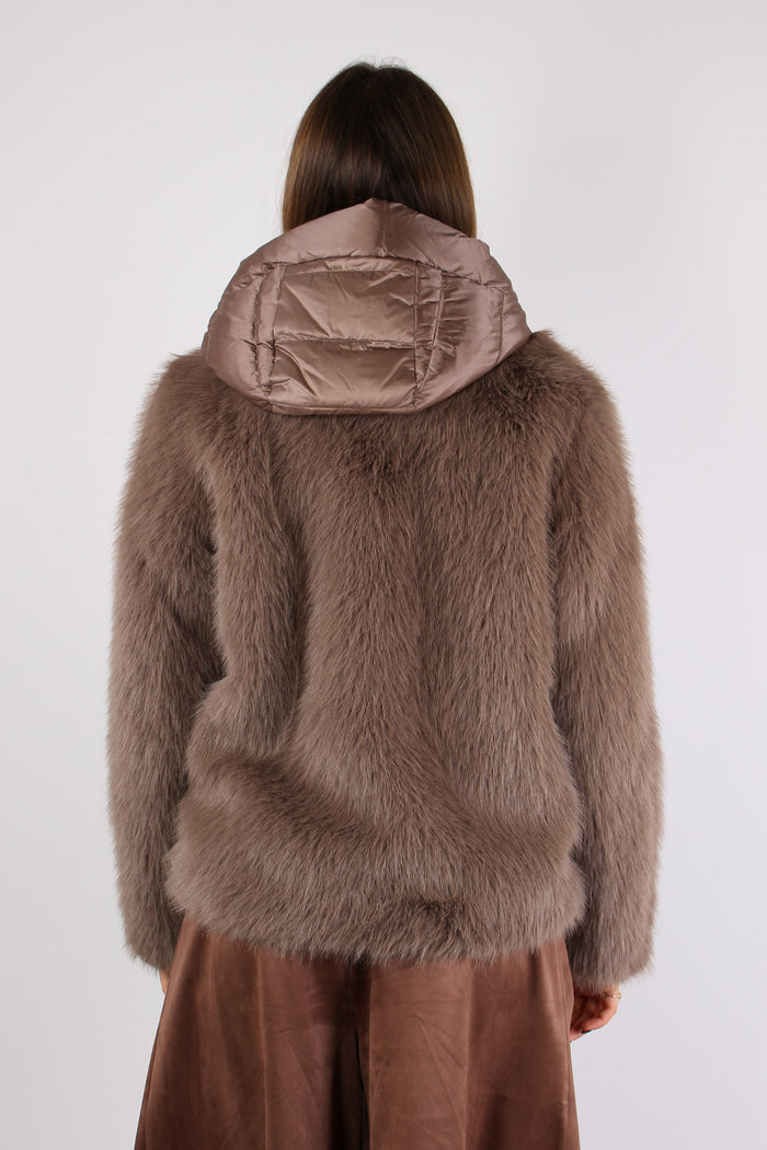 Giubbotto Pelliccia Cappuccio Taupe-6