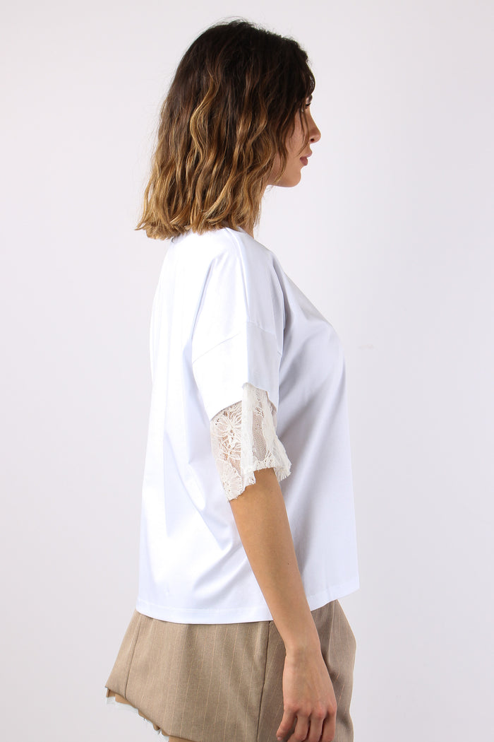 T-shirt Pizzo Inserto Manica Bianco-6