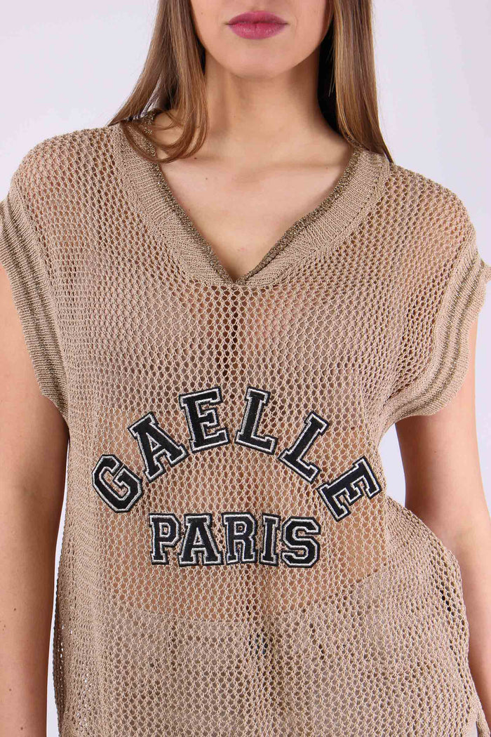 Canotta Traforata Scritta Beige-7