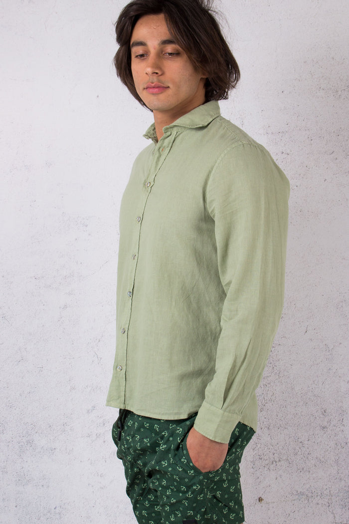 Camicia Lino Collo Francese Verde-5