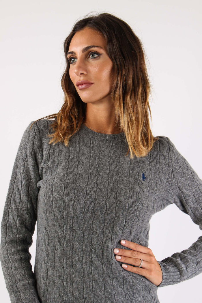Maglia Girocollo Trecce Misto Lana Grey Heather-7