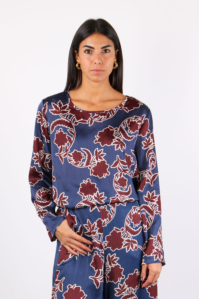 Blusa Raso Crepe Fantasia Bordeaux/royal