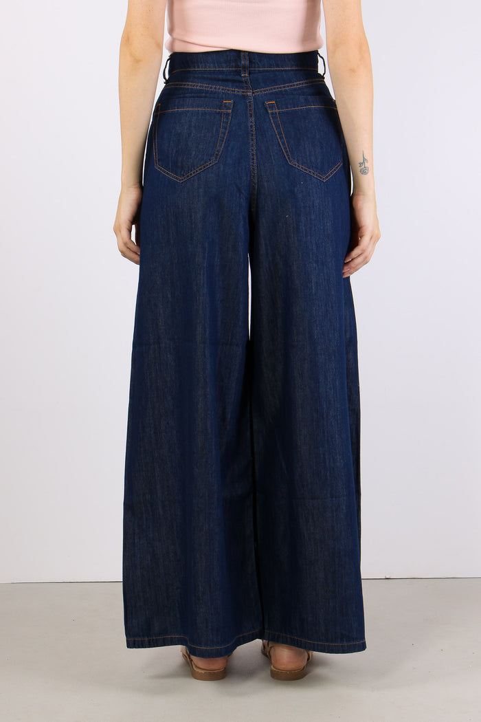 Pantalone Palazzo Cotone Lyonc Denim Scuro-4