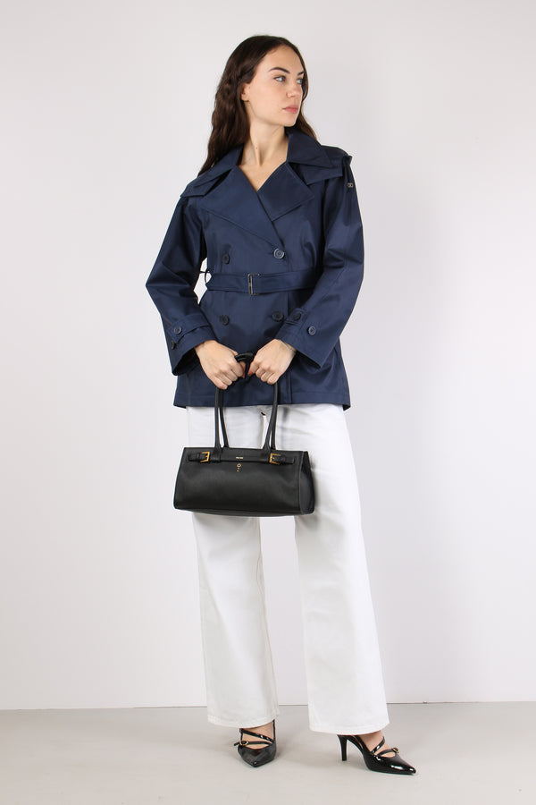 Trench Lungo Cappuccio Staccabile Blu