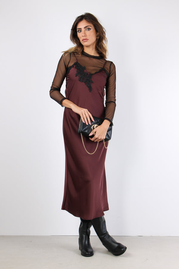 Abito Raso Inserto Pizzo Bordeaux