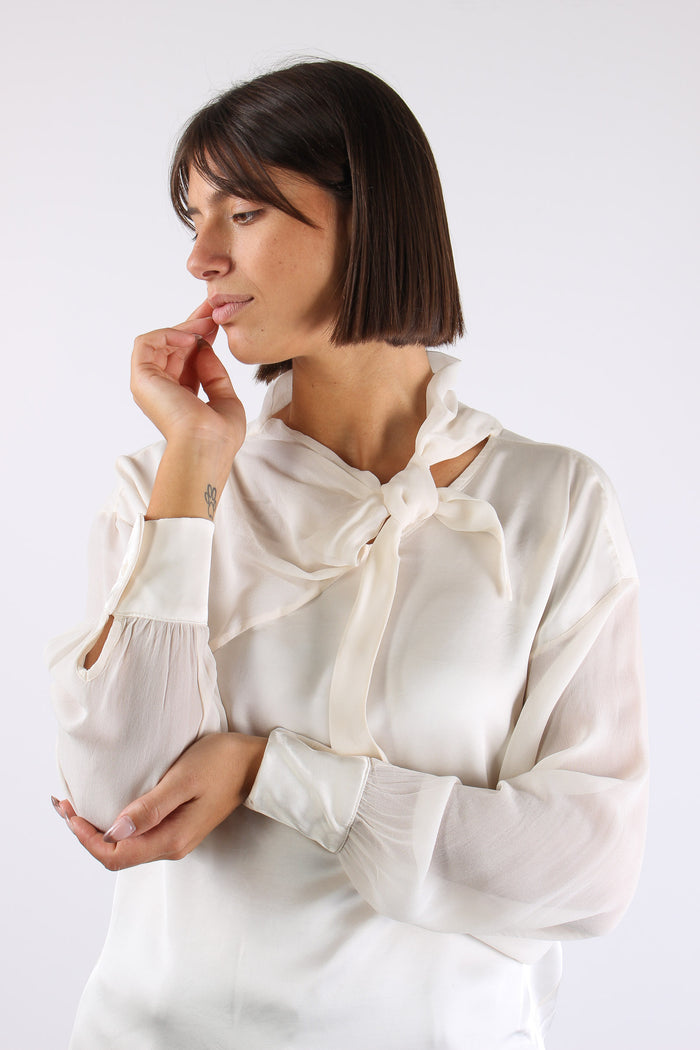 Blusa Bimateriale Fiocco Panna-8