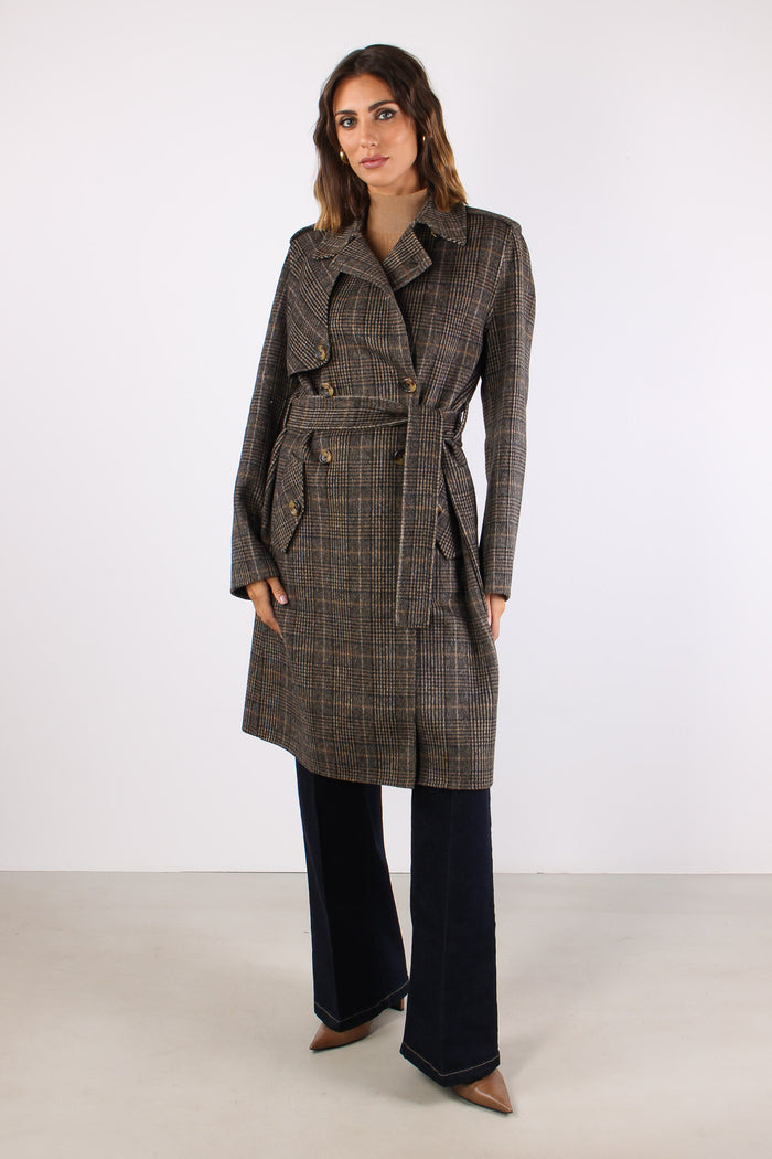 Cappotto Quadro Cintura Camel Check