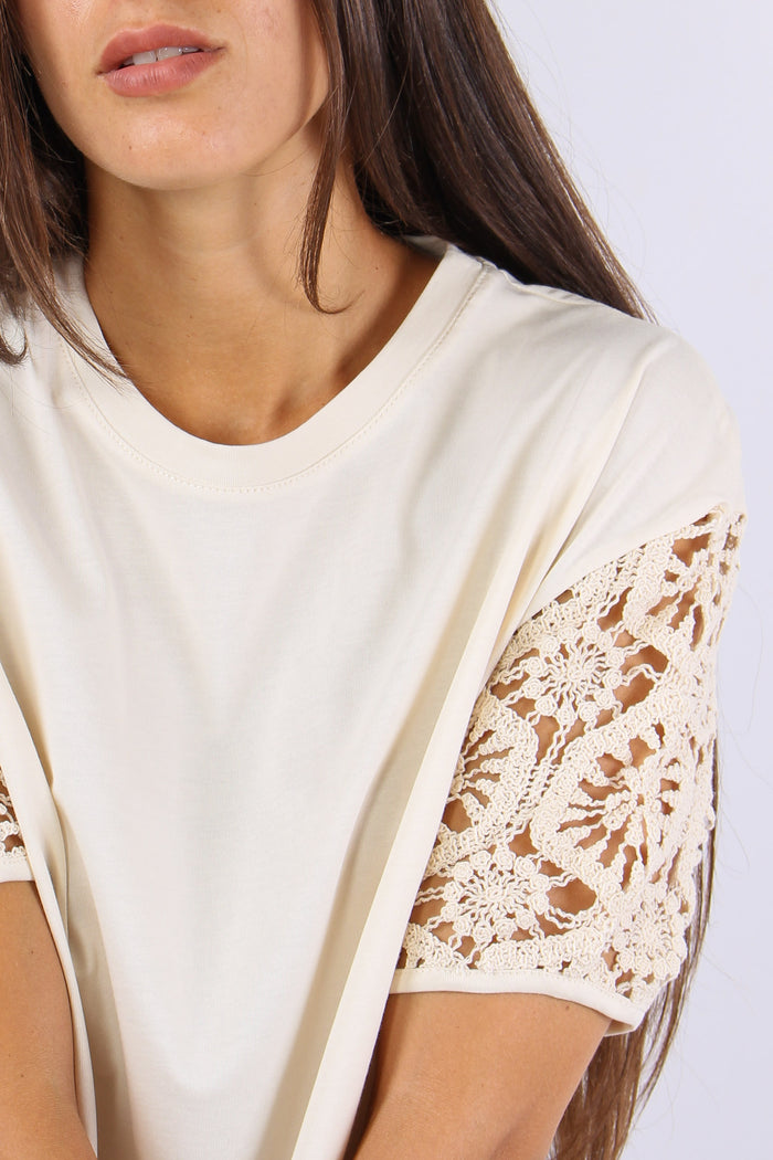 T-shirt Maniche Macrame Ecru-7
