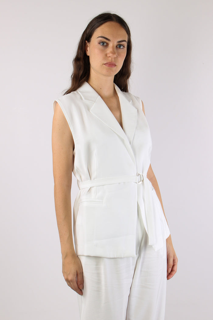 Gilet Cinturato Misto Viscosa Bianco-3
