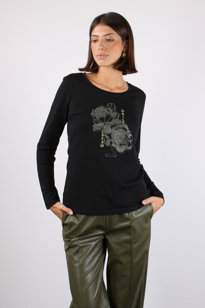 T-shirt Ml Logo Strass Nero/dark Green-4