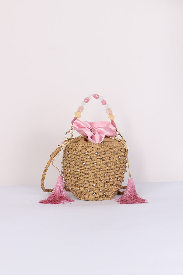 Secchiello Paglia Strass Pink