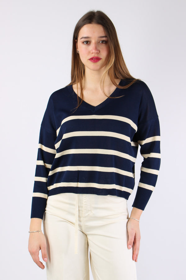 Maglia Scollo V Righe Blu/panna-2